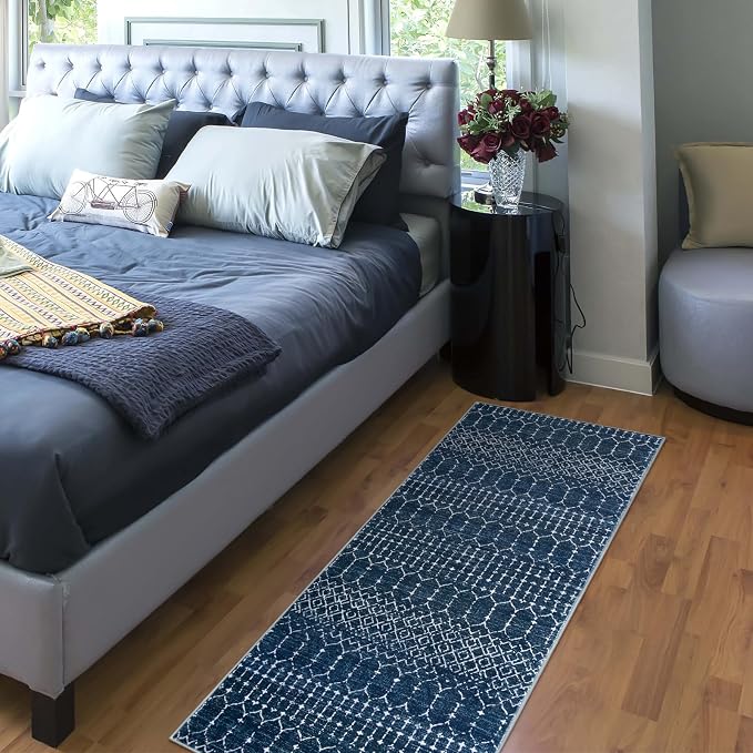 Lahome Moroccan 2x5 Washable Blue Runner Rug, Non-Slip Low-Pile Stain Resistant - Image 8