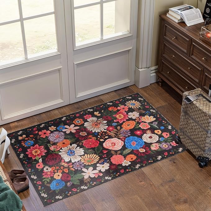 Espresso Floral Rug for Entryway, 2x3 Washable Kitchen Mat Ultra-Thin Soft - Image 5