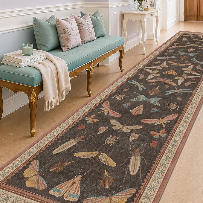 Hazo Haus Vintage Insect Moth Runner Rug 3x12, Washable Non Slip Carpet by HazoHaus