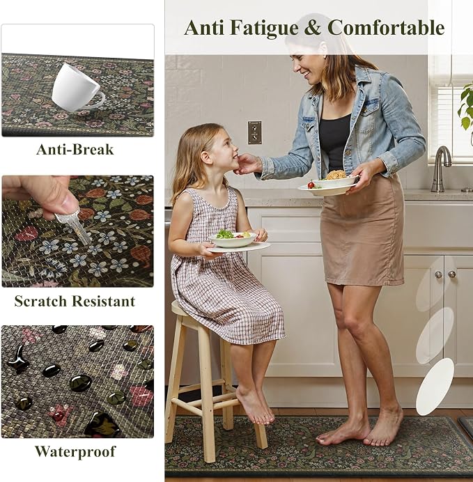 Collive Anti Fatigue Kitchen Mats, Spring Green Floral Kitchen Rugs Sets of 2 - Image 6
