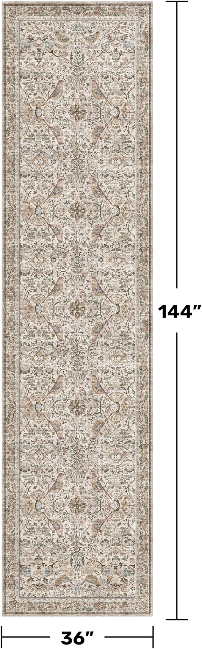 Moss Green 3x12 Wide Hallway Runner Rug, Vintage Brown Taupe Floral Design - Image 2