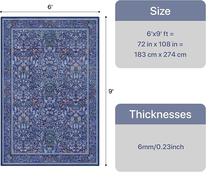 GENIMO 6x9 Washable Area Rug, Non-Slip Vintage Boho Floral Carpet, Soft - Image 2