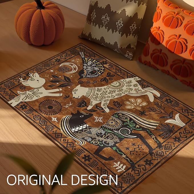 jinchan 2x3 Cute Area Rug Kids Washable Fun Rug Earthy Brown Starlit Boho Small - Image 2