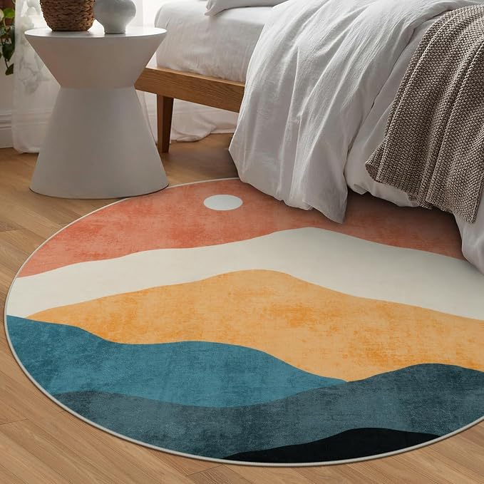 Abstract Round Rug for Bedroom 4ft, Faux Wool Soft Area Circle Area Rug - Image 9
