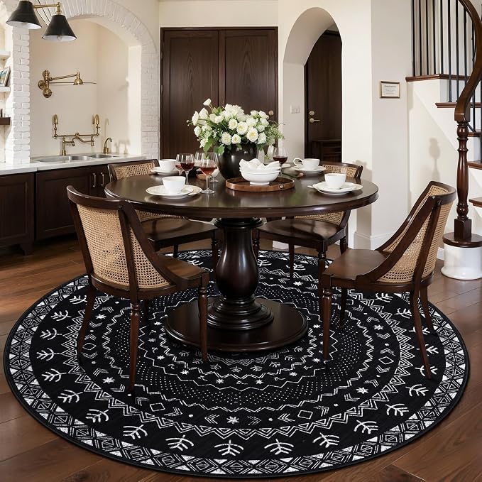 SERISSA Round Area Rug, 6ft Washable Non-Slip Black and White Boho Circle Rug - Image 2