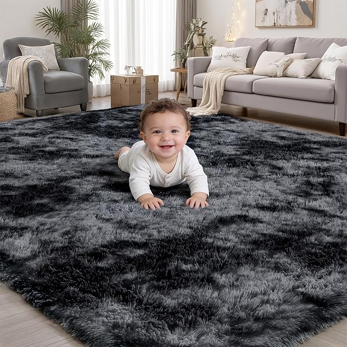 Area Rug for Living Room Bedroom:6x9 Black Grey Soft Fluffy Shag Upgrade by PLHXFRSoftAreaRugs