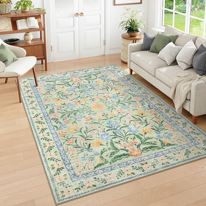 Wonnitar Washable Floral 6x9 Rug, Soft Green Area Rug Boho Non Slip Dining Room by Wonnitar