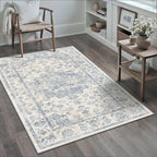 3x5 Washable Neutral Area Rug Blue Vintage Entryway Office Carpet Non-Slip Soft by WondRg