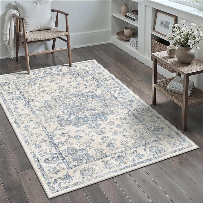 3x4 Washable Neutral Area Rug Blue Vintage Entryway Office Carpet Non-Slip Soft by WondRg