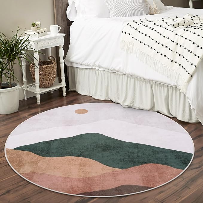 4ft Abstract Round Rug, Soft Washable Non-Slip Sun and Mountain Circle Kids - Image 8