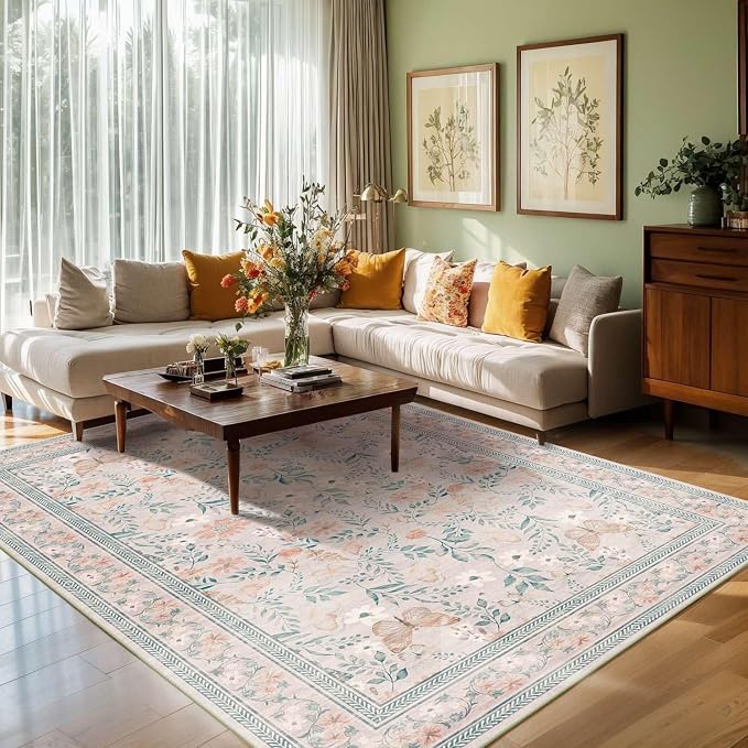 Rugxara Pink Floral 5x7 Washable Area Rug, Vintage Boho Non Slip, Low Pile Rugs - Image 4