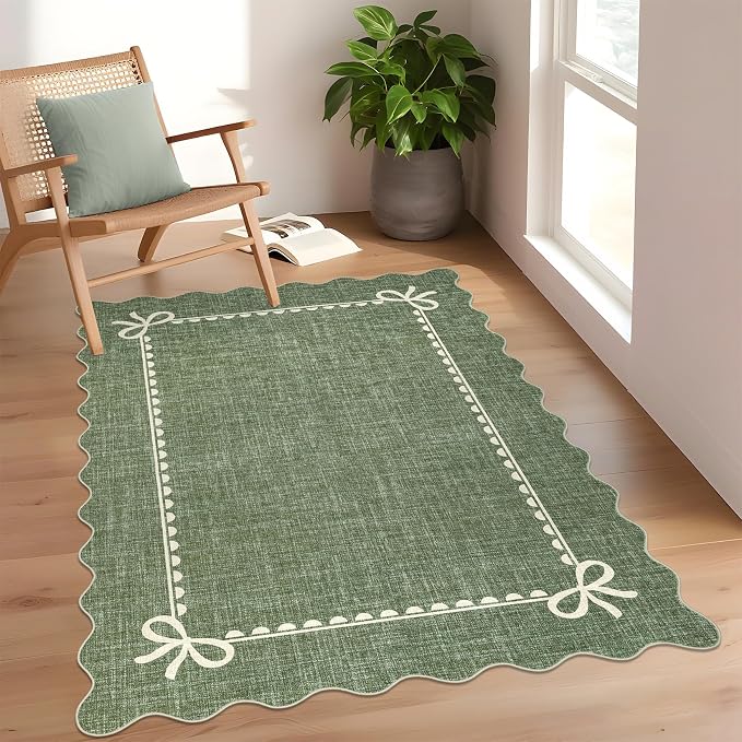 GarveeHome Scalloped Bow Rug for Living Room, Solid Green Rug for Dorm - Image 3