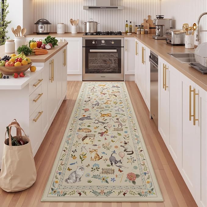 Unirea 2.6x8 Beige Cat Runner Rug, Washable Non Slip Botanical Rug by UNIREA