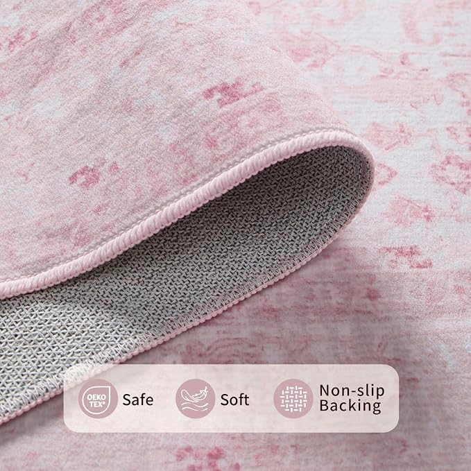 Rugxara Pink Rug for Living Room Bedroom, 5x7 Area Rugs Washable Vintage Floral - Image 5