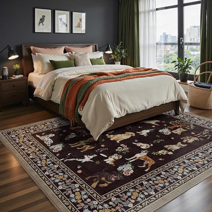 Black Dogs Area Rugs 9x12 Living Room Washable Rug Non Slip Floral Low Pile - Image 5