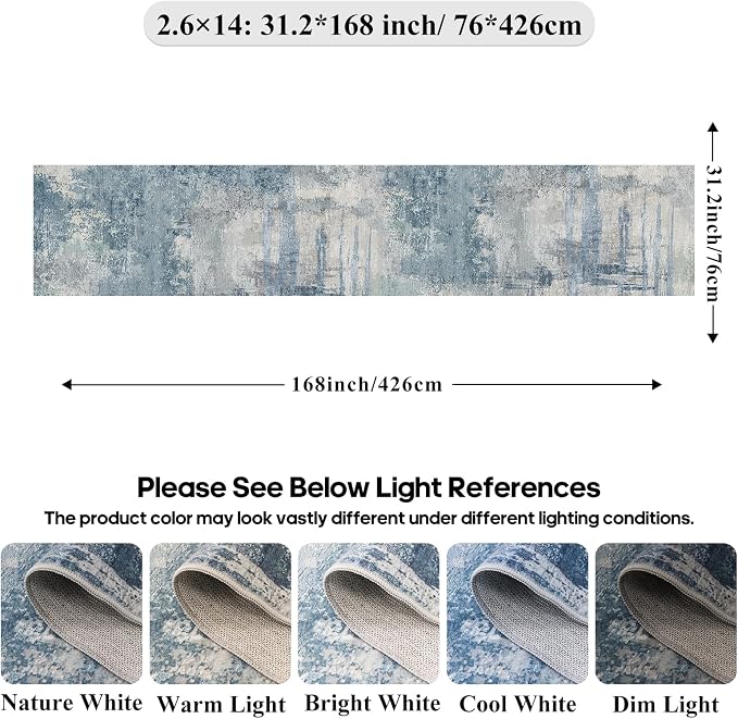 2.6x14 Extra Long Runner Rug Grey Abstract: Washable Non-Slip Carpet - Image 2