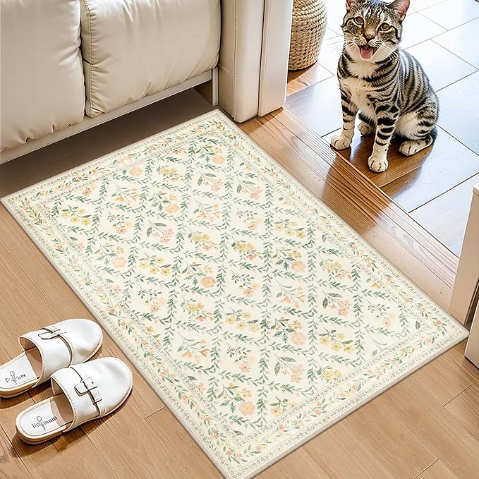 Entryway Rug 2X3 Small Rugs: Floral Washable Door Mat Vintage Soft Low Pile - Image 2