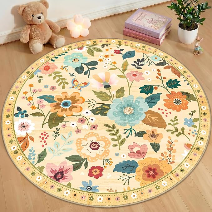 RELEANY Floral 4ft Area Rugs Washable Print Boho Cute Carpet Non Slip Flower by RELEANY