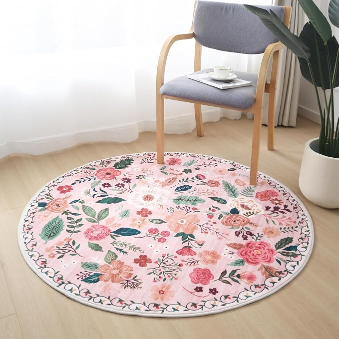 Rugcomf Round Rug 6ft Washable Circle Rug Non Slip Low Pile Boho Floral Small - Image 6