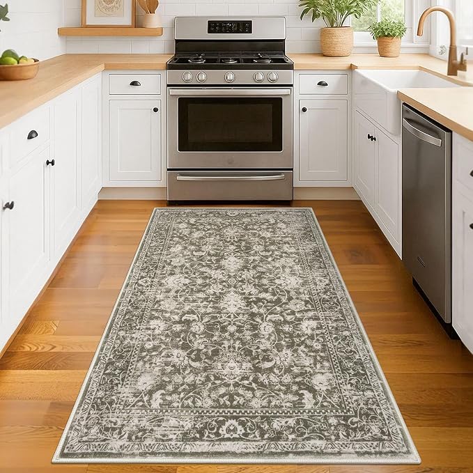 KILOCOCO Area Rug 3x5 Entryway Rug Washable Printed Vintage Floral Rubber - Image 2