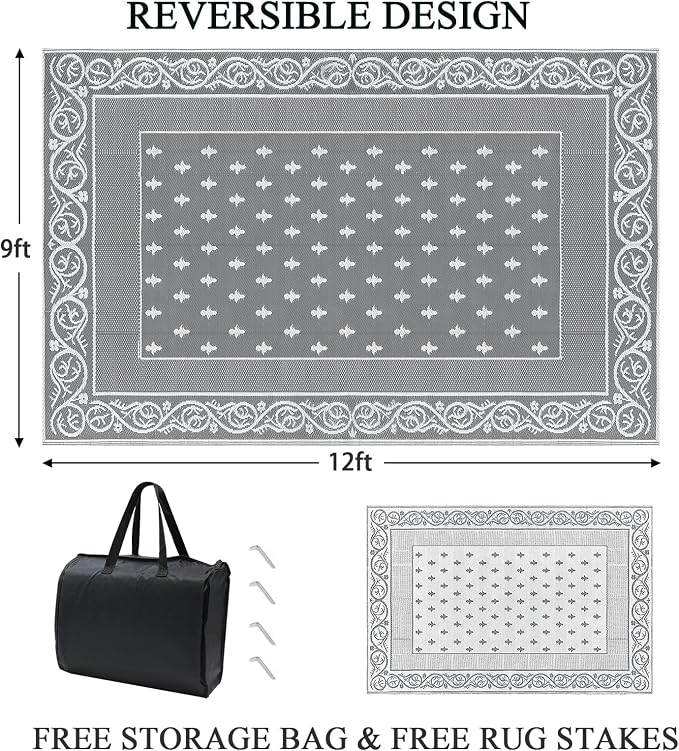 Pauwer Waterproof Outdoor Rug 9x12, Reversible Plastic Straw Patio Camping Rug - Image 2