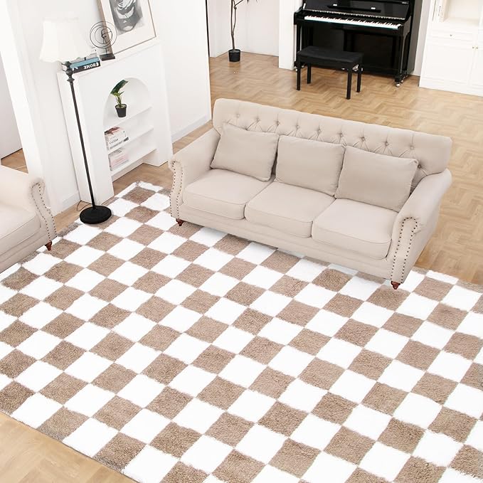 Super Soft Rug for Bedroom, 6x9 Ft Beige and White Area Rug Classic Checkered - Image 2