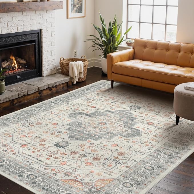 Rugxara Washable Area Rug for Living Room, Vintage Neutral Boho Rugs for Office - Image 4