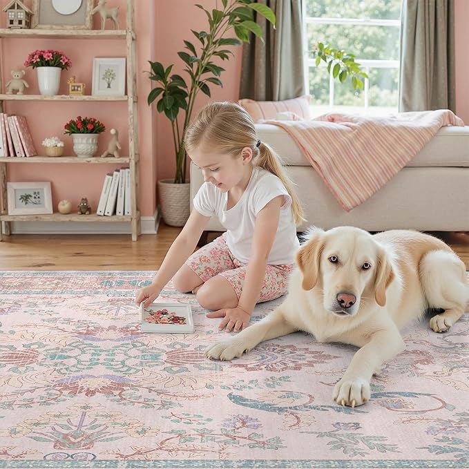 DCX 4x6 Pink Vintage Floral Rug, Machine Washable Non Slip Low Pile Carpet - Image 8