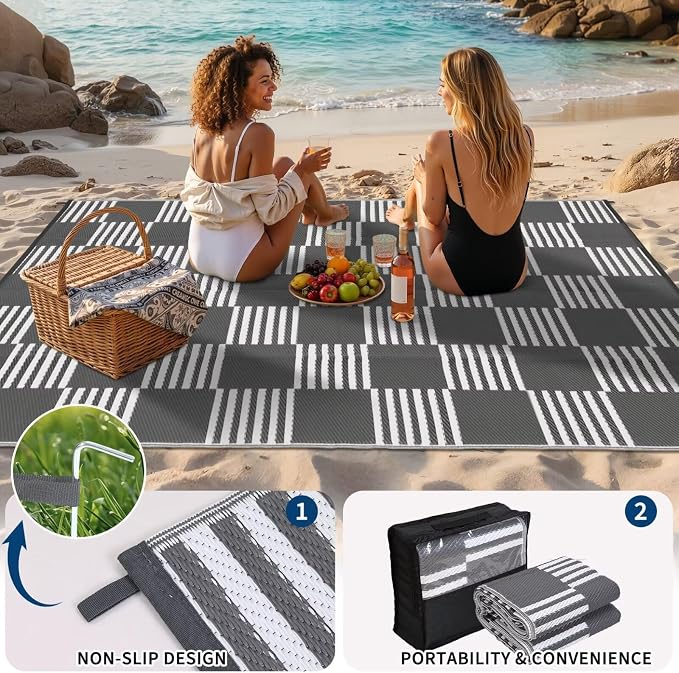 Garvee Waterproof Outdoor Rug 9x12, Checkered Foldable Plastic Straw Patio - Image 5