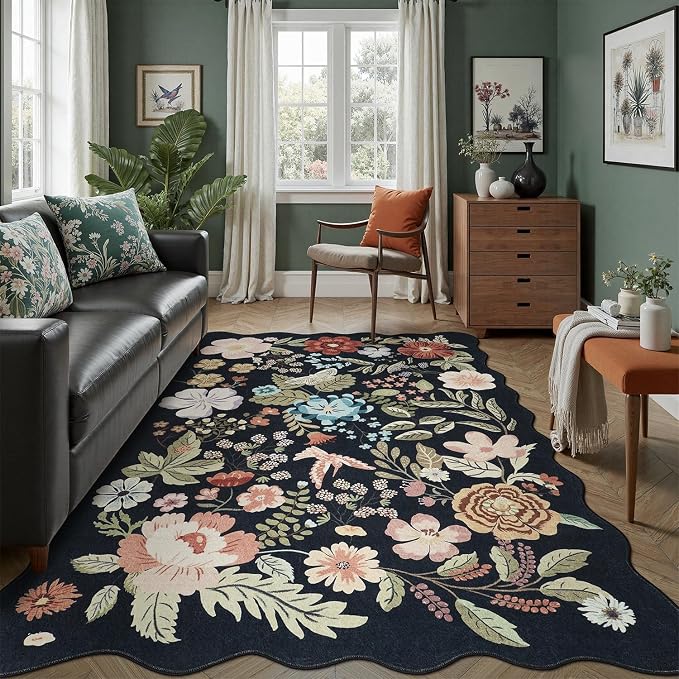 DCX Black Floral Rug 4x6, Washable Black Rug by DCXWashableRug