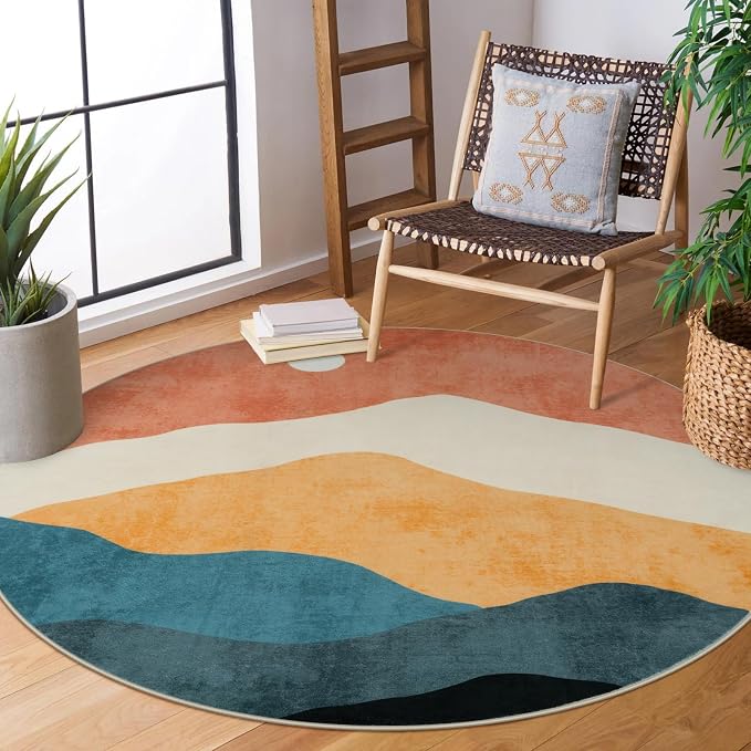 6 ft Abstract Round Rugs for Bedroom, Washable Non-Slip Circle Rug, Soft by Sungea