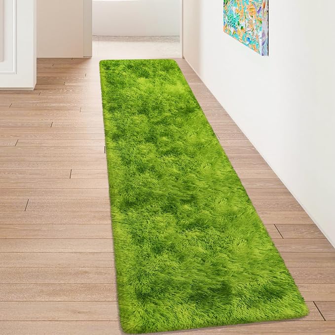 Grass Green Tie Dyed Rug 2x8 ft Plush High Pile Shag Carpet Fluffy Soft Runner - Image 7