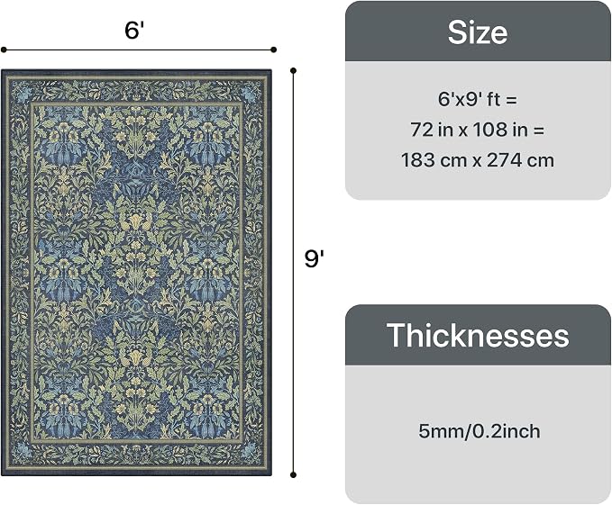 GENIMO 6x9 Washable Area Rug, Non-Slip Vintage Boho Floral Carpet, Soft - Image 2