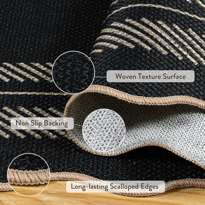 LIVEBOX Scalloped Easy Jute 2x3 Front Door Mat Black Kitchen Rug, Washable - Image 5