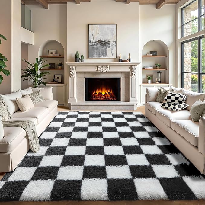 KICMOR 8x10 Area Rugs for Living Room, Large Fluffy Soft Black and White by KICMOR