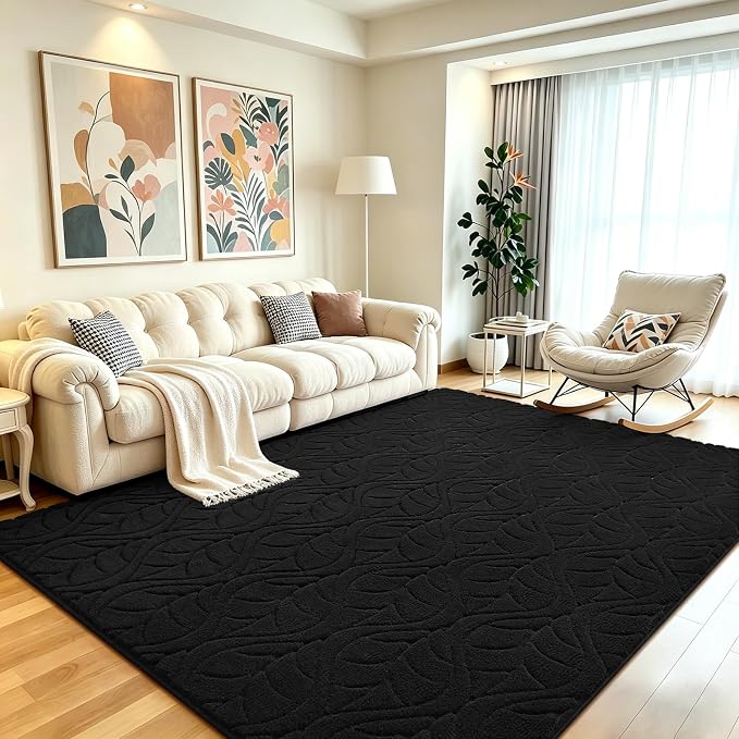 6x9 Black Washable Area Rug for Bedroom Living Room, Leaf Geometric Patter Shag by VisittheFlagover