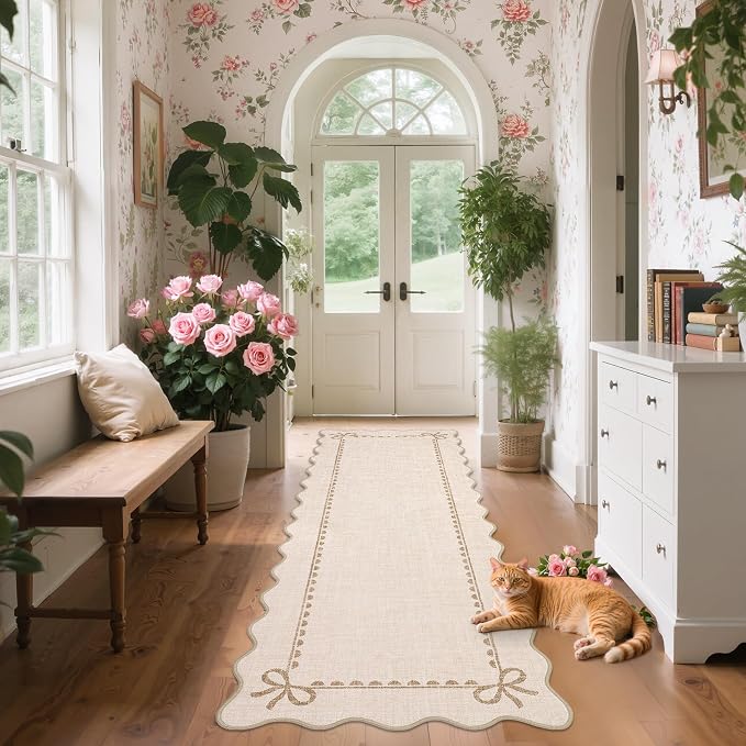 GarveeHome Scalloped Bow Rug for Living Room, Solid Beige Rug for Dorm - Image 2