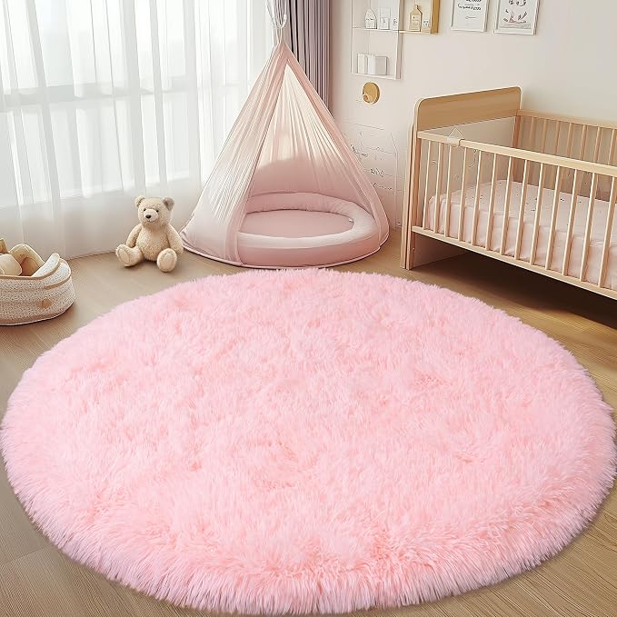 Round Fluffy Pink Rug for Bedroom, 5Ft Fuzzy Shag Circle Area Rug for Girls - Image 2