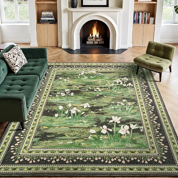 Lessymo Dark Green Floral Rug 8x10 by Lessymo