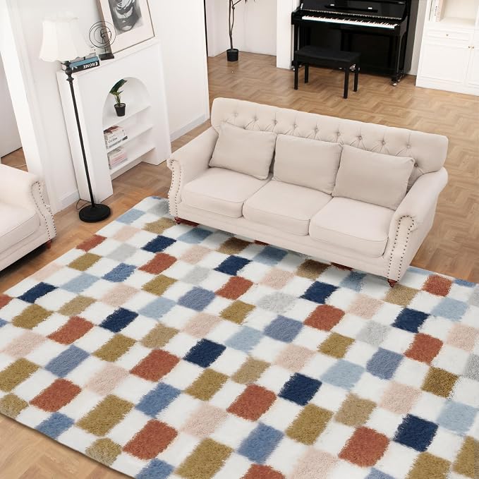 Super Soft Rug for Bedroom, 8x10 Ft Rainbow Area Rug Classic Checkered Shaggy by TOOHUB