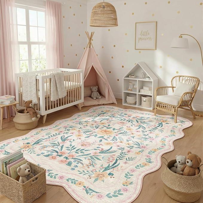 7x9 Pink Rug for Living Room, Scalloped Floral Rug for Girls Dorm, Washable - Image 6