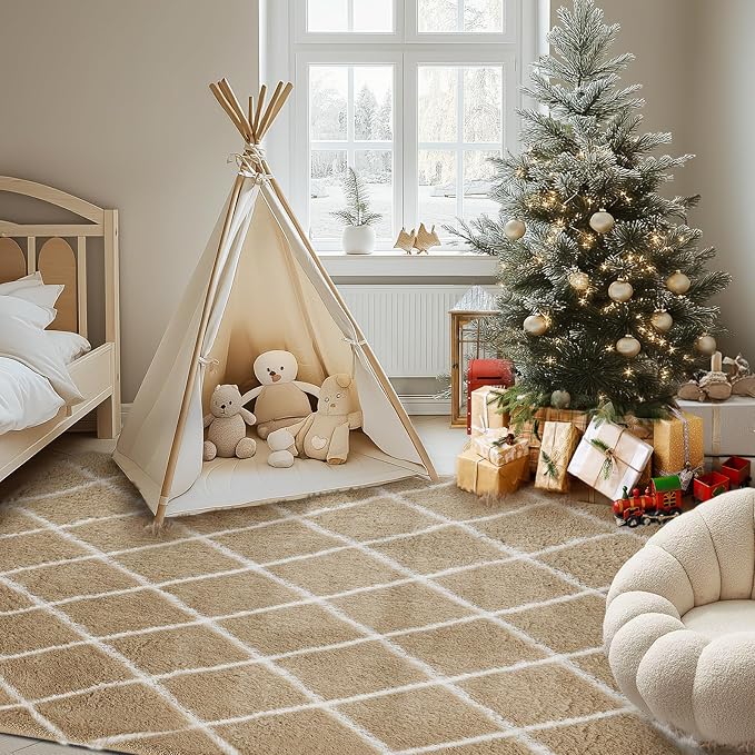 TOOHUB Fluffy Rug for Bedroom, 8X10Feet Stripe Checkered Rug Anti-Skid High - Image 6
