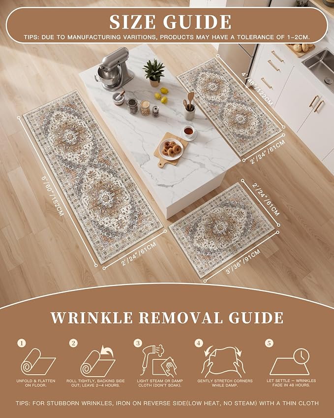 Madane Washable Kitchen Rug Set of 3, Small Area Rug Non-Slip Vintage Entryway - Image 5
