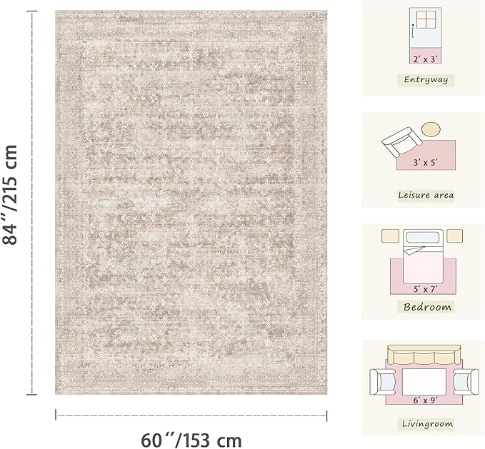 Latte&Fog Washable Beige Rugs for Bedroom, Vintage 5x7 Area Rug for Living Room - Image 2