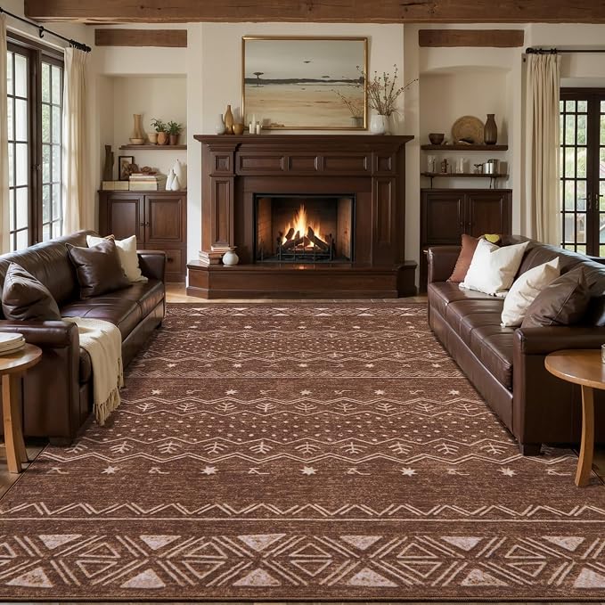 SERISSA 9x12 Area Rugs for Living Room, Washable Non-Slip Coffee Brown Boho Rug by SERISSAHomeDecorCollection