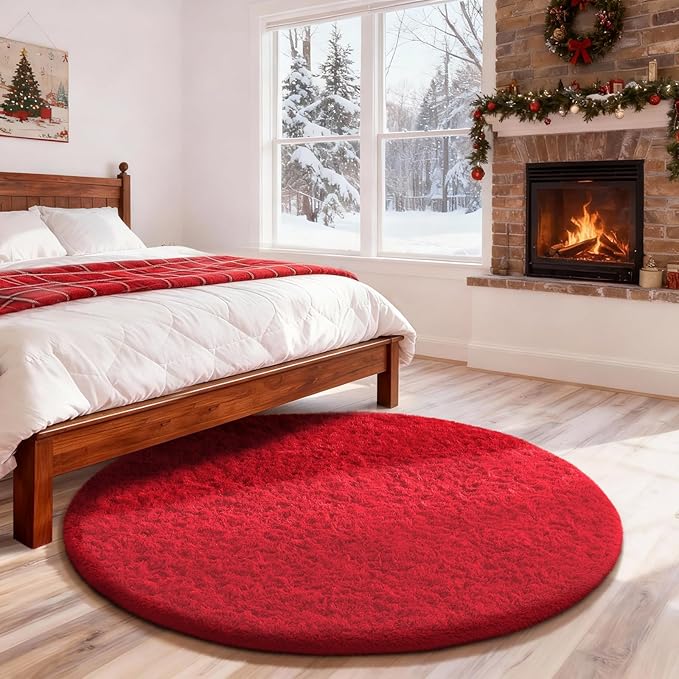 Ophanie Round Rug 4Ft Red Circle Area Rug, Christmas Room Decor, Aesthetic by Ophanie