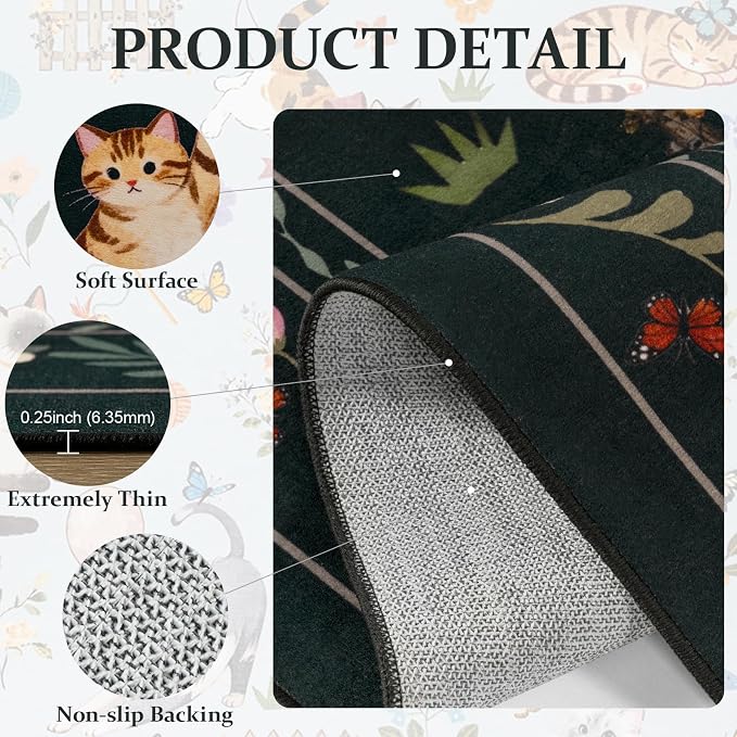 Unirea 2x6 Black Cat Runner Rug, Washable Non Slip Botanical Rug - Image 4