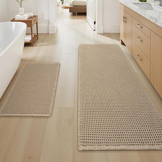 Upgraded Waffle Bath Mat Set of 2, Super Absorbent Non Slip Bath Mats by AMOAMI