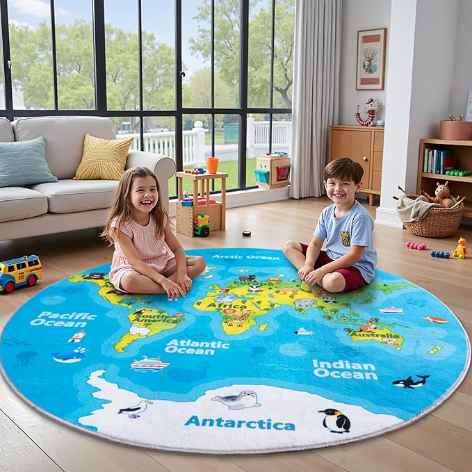Kids Playroom Rug, 4x4ft Round World Map Play Mat by OHDS
