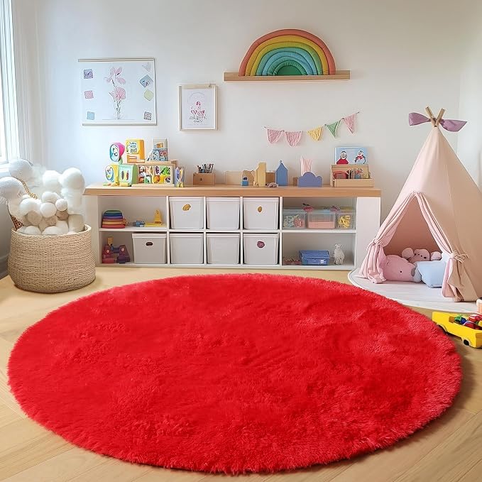 ONASAR Red Round Rugs 5ft for Bedroom Living Room, Fluffy Circle Area Rug for - Image 5